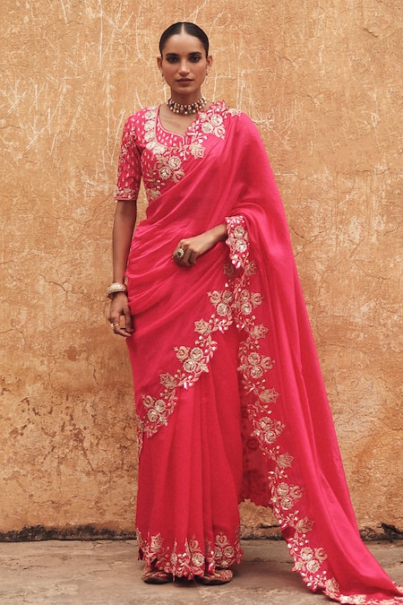 Shop Vinita Bhansali Pink Silk Embroidery, Zari Square Neck Hand Saree And Padded Blouse Online at Aza Fashions Shop_Vinita Bhansali_Pink Silk Embroidery, Zari Square Neck Hand Saree And Padded Blouse _Online_at_Aza_Fashions