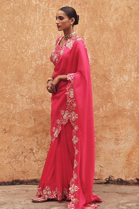 Vinita Bhansali Pink Silk Embroidery, Zari Square Neck Hand Saree And Padded Blouse at Aza Fashions Vinita Bhansali_Pink Silk Embroidery, Zari Square Neck Hand Saree And Padded Blouse _at_Aza_Fashions