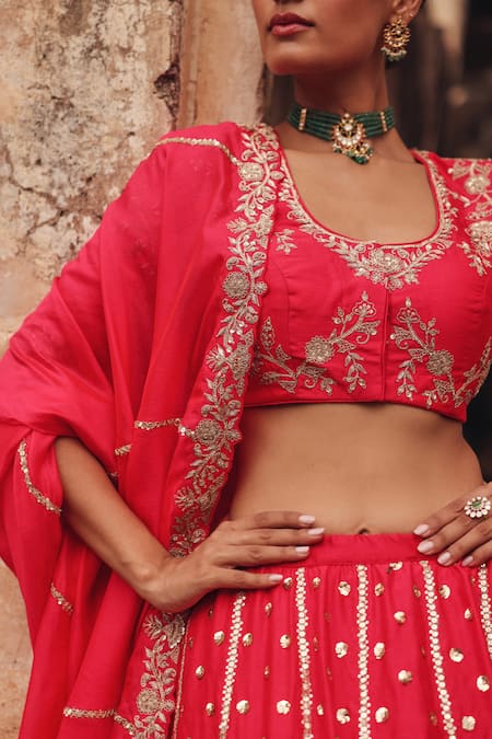 Vinita Bhansali Red Silk Embroidery, Sequins, Zari Round Neck Adhira Hand Lehenga Set Online at Aza Fashions Vinita Bhansali_Red Silk Embroidery, Sequins, Zari Round Neck Adhira Hand Lehenga Set _Online_at_Aza_Fashions
