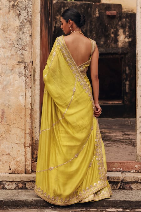Shop Vinita Bhansali Lime Silk Embroidery, Sequins, Zari Sweetheart Ravya Lehenga Saree And Blouse Set at Aza Fashions Shop_Vinita Bhansali_Lime Silk Embroidery, Sequins, Zari Sweetheart Ravya Lehenga Saree And Blouse Set _at_Aza_Fashions