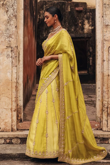Buy Vinita Bhansali Lime Silk Embroidery, Sequins, Zari Sweetheart Ravya Lehenga Saree And Blouse Set Buy_Vinita Bhansali_Lime Silk Embroidery, Sequins, Zari Sweetheart Ravya Lehenga Saree And Blouse Set