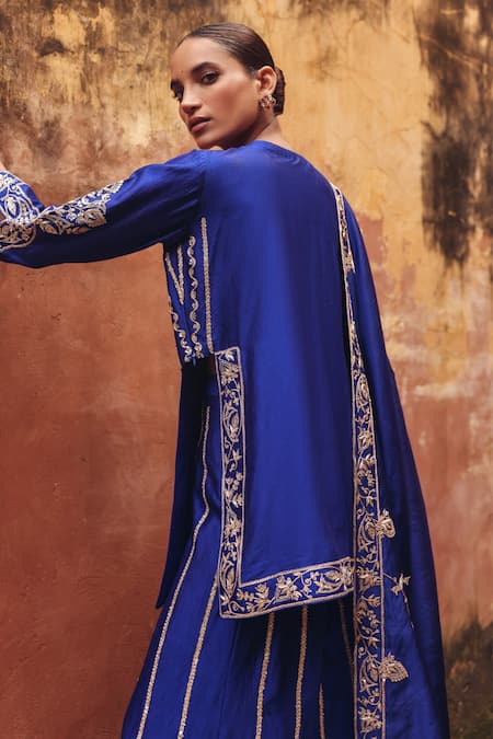 Buy Vinita Bhansali Blue Silk Embroidery, Zari, Sequins, Metallic Krisha Hand Kurta Sharara Set Online at Aza Fashions Buy_Vinita Bhansali_Blue Silk Embroidery, Zari, Sequins, Metallic Krisha Hand Kurta Sharara Set _Online_at_Aza_Fashions