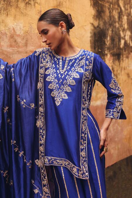 Shop Vinita Bhansali Blue Silk Embroidery, Zari, Sequins, Metallic Krisha Hand Kurta Sharara Set Online at Aza Fashions Shop_Vinita Bhansali_Blue Silk Embroidery, Zari, Sequins, Metallic Krisha Hand Kurta Sharara Set _Online_at_Aza_Fashions