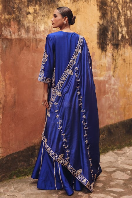 Shop Vinita Bhansali Blue Silk Embroidery, Zari, Sequins, Metallic Krisha Hand Kurta Sharara Set at Aza Fashions Shop_Vinita Bhansali_Blue Silk Embroidery, Zari, Sequins, Metallic Krisha Hand Kurta Sharara Set _at_Aza_Fashions