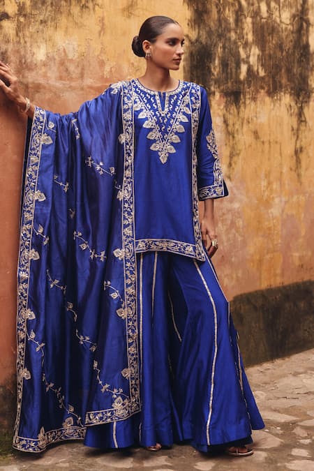 Vinita Bhansali Blue Silk Embroidery, Zari, Sequins, Metallic Krisha Hand Kurta Sharara Set at Aza Fashions Vinita Bhansali_Blue Silk Embroidery, Zari, Sequins, Metallic Krisha Hand Kurta Sharara Set _at_Aza_Fashions