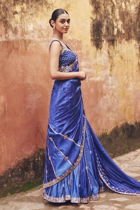 Shop Vinita Bhansali Blue Silk Embroidery, Metallic Thread, Sequins, Aavya Lehenga Saree With Blouse Online at Aza Fashions Shop_Vinita Bhansali_Blue Silk Embroidery, Metallic Thread, Sequins, Aavya Lehenga Saree With Blouse _Online_at_Aza_Fashions