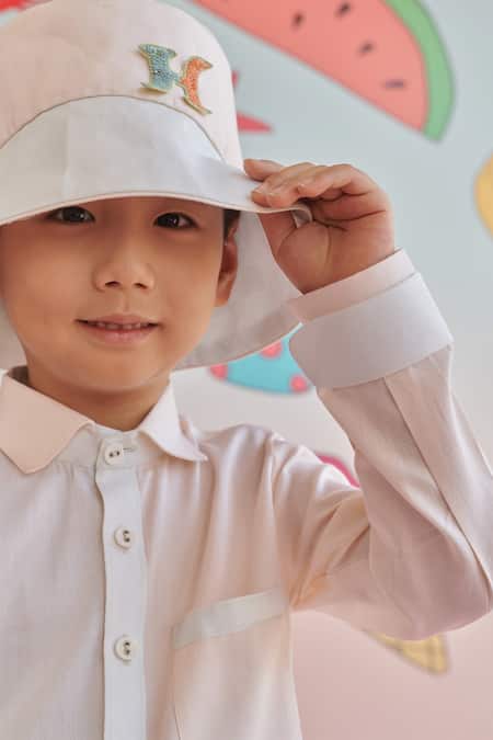 Buy_Littleens_Peach Vegan Silk Embroidery Blythe The Colorblock Shirt With Pant _Online_at_Aza_Fashions