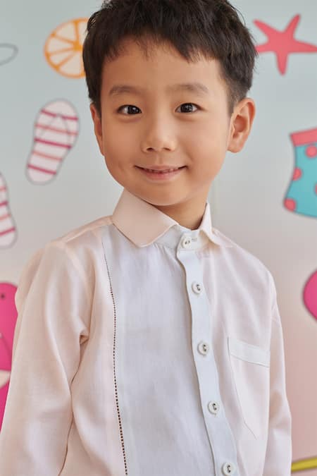 Littleens_Peach Vegan Silk Embroidery Blythe The Colorblock Shirt With Pant _at_Aza_Fashions