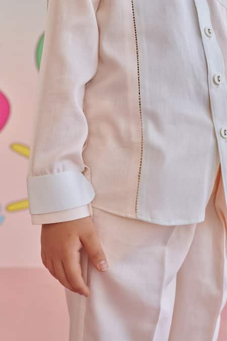 Buy_Littleens_Peach Vegan Silk Embroidery Blythe The Colorblock Shirt With Pant 