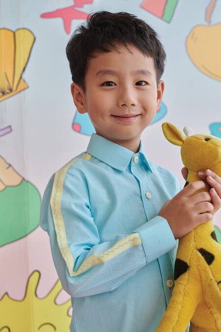 Littleens_Blue Cotton Embroidery, Patchwork Nova The Bright Star Shirt _Online_at_Aza_Fashions