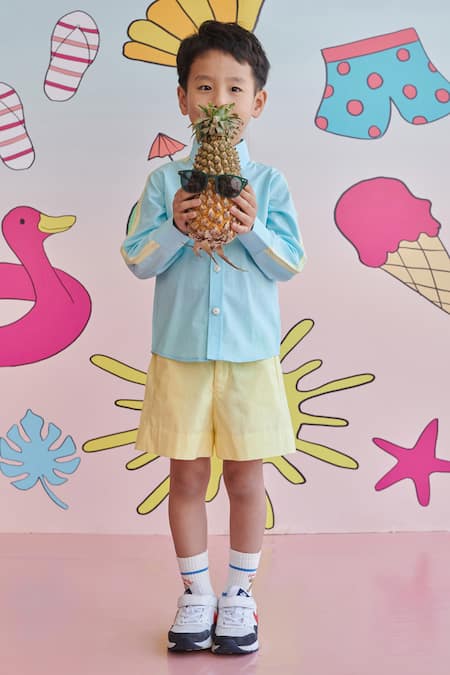 Buy_Littleens_Blue Cotton Embroidery, Patchwork Nova The Bright Star Shirt _Online_at_Aza_Fashions