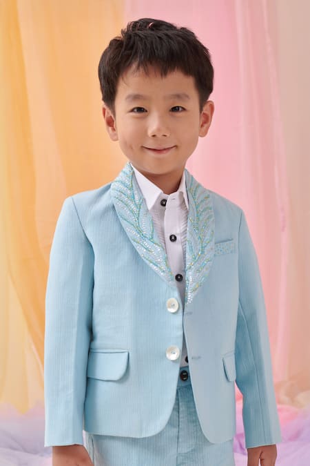 Shop Littleens Sky Blue Cotton Embroidery, Beads, Sequins Elora Blazer With Pant Online at Aza Fashions Shop_Littleens_Sky Blue Cotton Embroidery, Beads, Sequins Elora Blazer With Pant _Online_at_Aza_Fashions