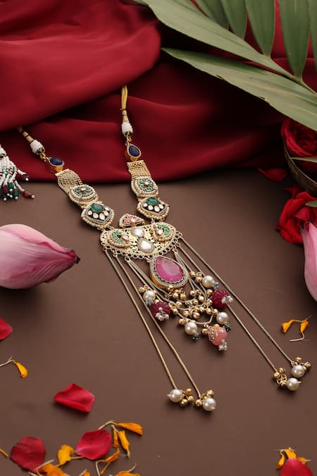 Swabhimann_Multi Color Stone And Pearl Embellished Long Necklace _Online_at_Aza_Fashions