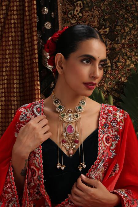 Shop_Swabhimann_Multi Color Stone And Pearl Embellished Long Necklace _Online_at_Aza_Fashions