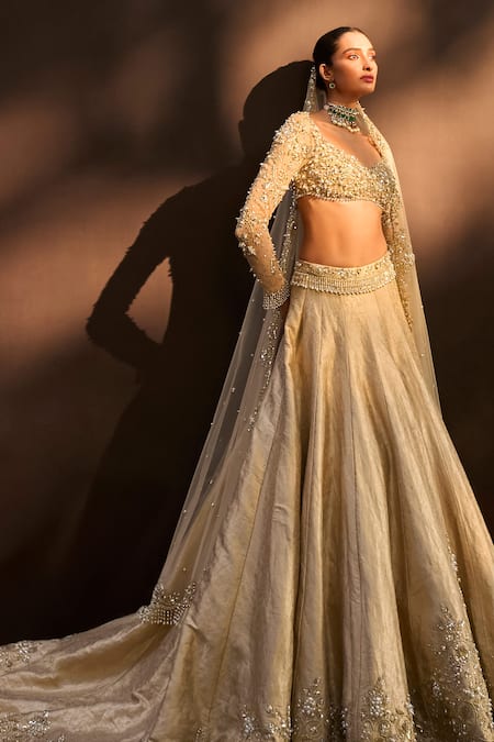 Tamanna Punjabi Kapoor_Beige Brocade, Silk, Net Embroidery, Zari, Sequins, Stones, Beads, Lehenga Set _Online_at_Aza_Fashions
