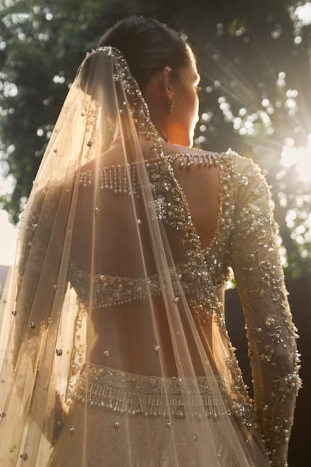 Buy_Tamanna Punjabi Kapoor_Beige Brocade, Silk, Net Embroidery, Zari, Sequins, Stones, Beads, Lehenga Set _Online_at_Aza_Fashions