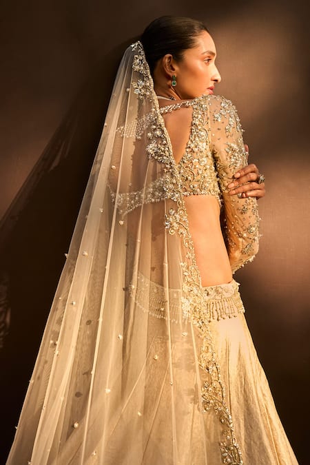 Shop_Tamanna Punjabi Kapoor_Beige Brocade, Silk, Net Embroidery, Zari, Sequins, Stones, Beads, Lehenga Set _Online_at_Aza_Fashions