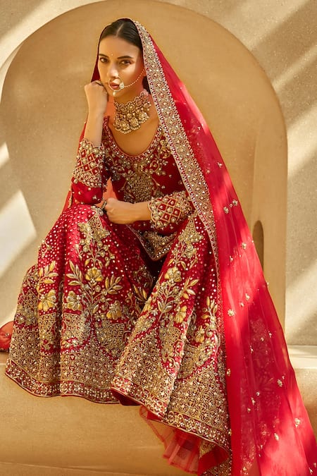 Tamanna Punjabi Kapoor Red Georgette, Shantoon Embroidery, Sequins, Stones, Zari Kurta And Sharara Set Online at Aza Fashions Tamanna Punjabi Kapoor_Red Georgette, Shantoon Embroidery, Sequins, Stones, Zari Kurta And Sharara Set _Online_at_Aza_Fashions