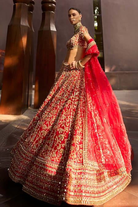 Tamanna Punjabi Kapoor_Red Silk, Shantoon Embroidery, Mirrors, Sequins, Zari V-neck Bridal Lehenga Set _Online_at_Aza_Fashions