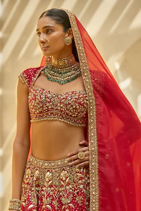 Tamanna Punjabi Kapoor Red Georgette, Shantoon, Organza Zari, Embroidery, Floral Bridal Lehenga Set Online at Aza Fashions Tamanna Punjabi Kapoor_Red Georgette, Shantoon, Organza Zari, Embroidery, Floral Bridal Lehenga Set _Online_at_Aza_Fashions