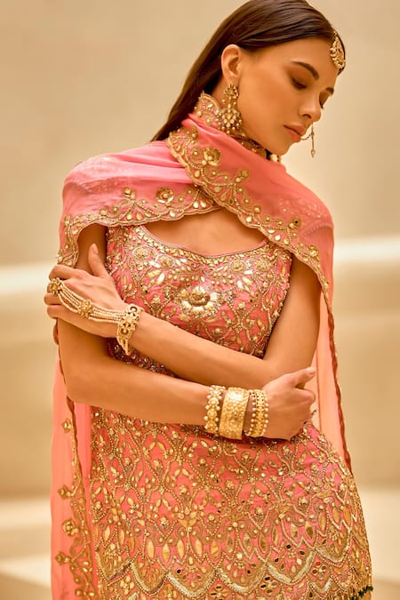 Tamanna Punjabi Kapoor Pink Tissue, Silk, Organza Embroidery, Mirrors, Embellished Kurta Sharara Set Online at Aza Fashions Tamanna Punjabi Kapoor_Pink Tissue, Silk, Organza Embroidery, Mirrors, Embellished Kurta Sharara Set _Online_at_Aza_Fashions