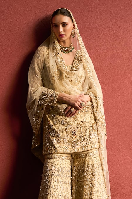 Tamanna Punjabi Kapoor_Ivory Tulle Beads, Sequins, Stones, Embroidery Embellished Kurta Sharara Set _Online_at_Aza_Fashions