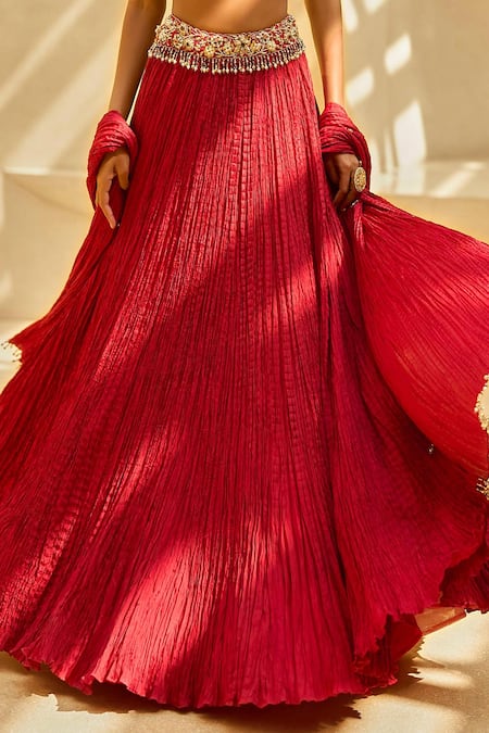 Tamanna Punjabi Kapoor Red Silk Sequins, Beads, Metallic Embroidered Blouse And Crushed Lehenga Set Online at Aza Fashions Tamanna Punjabi Kapoor_Red Silk Sequins, Beads, Metallic Embroidered Blouse And Crushed Lehenga Set _Online_at_Aza_Fashions