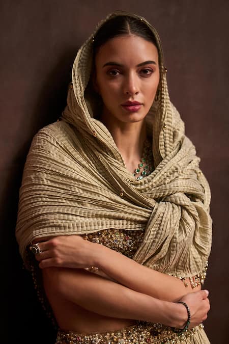 Shop Tamanna Punjabi Kapoor Gold Tissue Embroidery, Sequins, Beads Sweetheart Crushed Lehenga And Blouse Set Online at Aza Fashions Shop_Tamanna Punjabi Kapoor_Gold Tissue Embroidery, Sequins, Beads Sweetheart Crushed Lehenga And Blouse Set _Online_at_Aza_Fashions