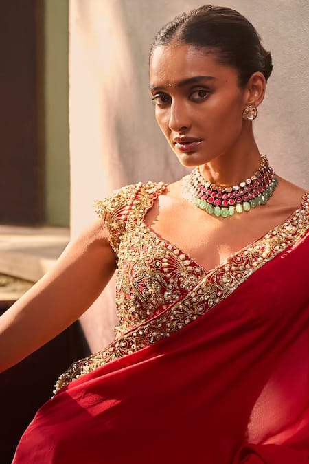 Tamanna Punjabi Kapoor Red Crepe Zari, Beads, Pearls, Embroidery, Embellished Saree With Blouse Online at Aza Fashions Tamanna Punjabi Kapoor_Red Crepe Zari, Beads, Pearls, Embroidery, Embellished Saree With Blouse _Online_at_Aza_Fashions