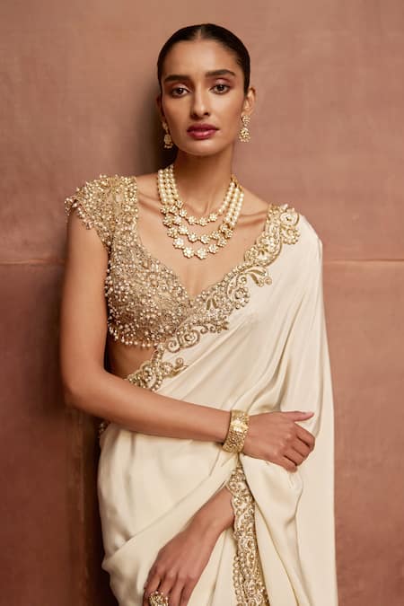Tamanna Punjabi Kapoor Ivory Crepe Zari, Stones, Beads, Sequins, Embroidery, Border Saree With Blouse Online at Aza Fashions Tamanna Punjabi Kapoor_Ivory Crepe Zari, Stones, Beads, Sequins, Embroidery, Border Saree With Blouse _Online_at_Aza_Fashions