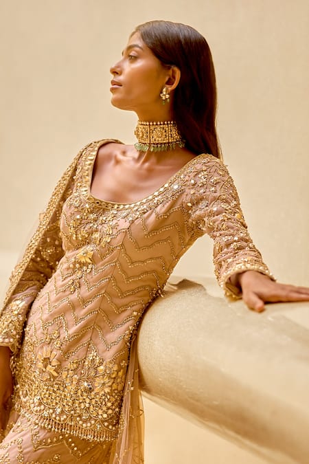 Tamanna Punjabi Kapoor_Pink Tulle Embroidery, Sequins, Stones, Beads Scoop Chevron Kurta Sharara Set _Online_at_Aza_Fashions