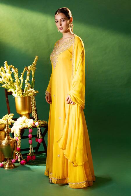 Samyukta Singhania Yellow Georgette Embroidery, Sequins, Stones V-neck Embellished Anarkali Set Online at Aza Fashions Samyukta Singhania_Yellow Georgette Embroidery, Sequins, Stones V-neck Embellished Anarkali Set _Online_at_Aza_Fashions