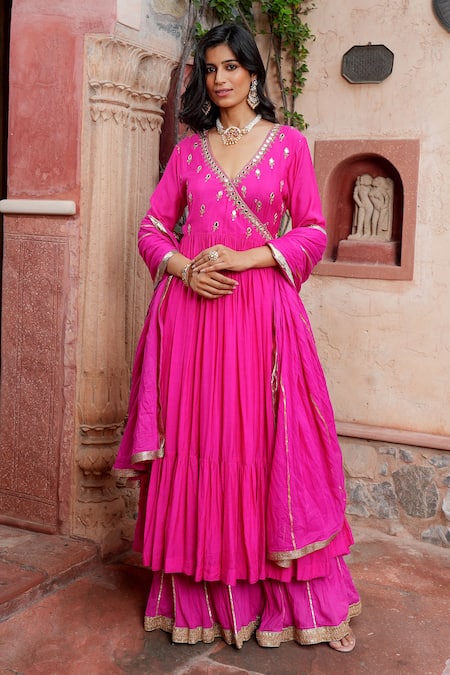 Buy Nazar By Indu Fuchsia Cotton, Silk Mirrors, Gota Patti Work Angrakha Anarkali Gharara Set Online at Aza Fashions Buy_Nazar By Indu_Fuchsia Cotton, Silk Mirrors, Gota Patti Work Angrakha Anarkali Gharara Set _Online_at_Aza_Fashions