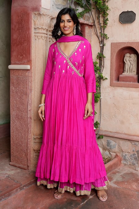 Shop Nazar By Indu Fuchsia Cotton, Silk Mirrors, Gota Patti Work Angrakha Anarkali Gharara Set Online at Aza Fashions Shop_Nazar By Indu_Fuchsia Cotton, Silk Mirrors, Gota Patti Work Angrakha Anarkali Gharara Set _Online_at_Aza_Fashions
