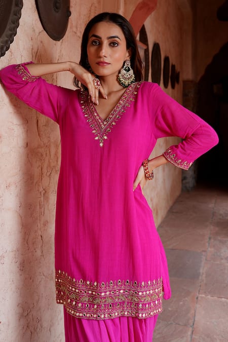 Nazar By Indu Fuchsia Cotton, Georgette Mirrors, Embroidery, Gota Work Kurta Farshi Salwar Set Online at Aza Fashions Nazar By Indu_Fuchsia Cotton, Georgette Mirrors, Embroidery, Gota Work Kurta Farshi Salwar Set _Online_at_Aza_Fashions