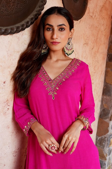 Buy Nazar By Indu Fuchsia Cotton, Georgette Mirrors, Embroidery, Gota Work Kurta Farshi Salwar Set Online at Aza Fashions Buy_Nazar By Indu_Fuchsia Cotton, Georgette Mirrors, Embroidery, Gota Work Kurta Farshi Salwar Set _Online_at_Aza_Fashions