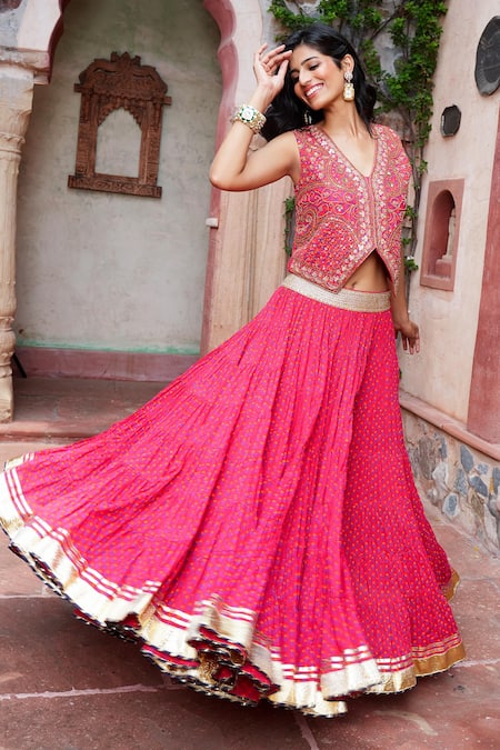 Nazar By Indu Red Cotton Gota Patti, Zari, Embroidery V-neck Jacket And Skirt Set Online at Aza Fashions Nazar By Indu_Red Cotton Gota Patti, Zari, Embroidery V-neck Jacket And Skirt Set _Online_at_Aza_Fashions