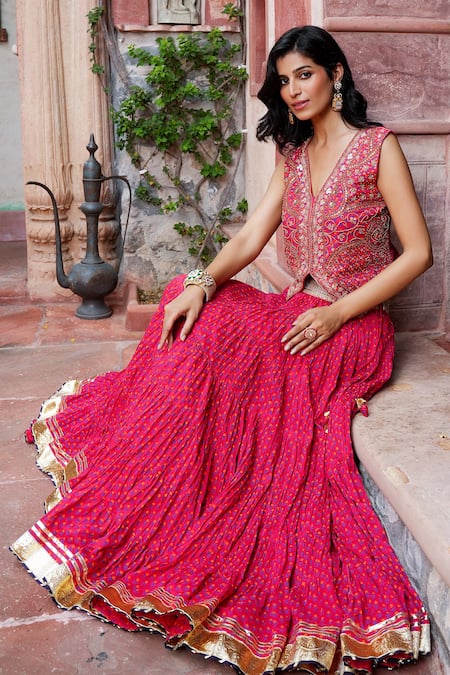 Shop Nazar By Indu Red Cotton Gota Patti, Zari, Embroidery V-neck Jacket And Skirt Set Online at Aza Fashions Shop_Nazar By Indu_Red Cotton Gota Patti, Zari, Embroidery V-neck Jacket And Skirt Set _Online_at_Aza_Fashions