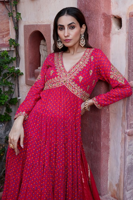 Buy Nazar By Indu Red Cotton Embroidery, Zari, Gota Patti V-neck Anarkali And Dupatta Set Online at Aza Fashions Buy_Nazar By Indu_Red Cotton Embroidery, Zari, Gota Patti V-neck Anarkali And Dupatta Set _Online_at_Aza_Fashions