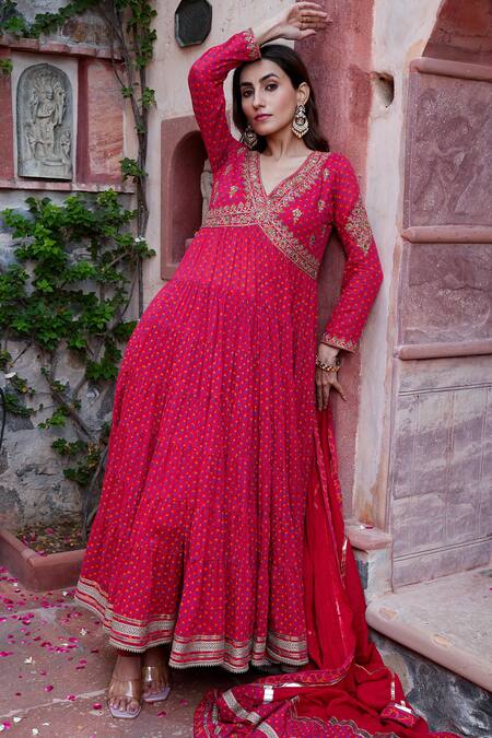 Shop Nazar By Indu Red Cotton Embroidery, Zari, Gota Patti V-neck Anarkali And Dupatta Set Online at Aza Fashions Shop_Nazar By Indu_Red Cotton Embroidery, Zari, Gota Patti V-neck Anarkali And Dupatta Set _Online_at_Aza_Fashions