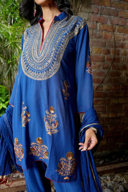 Nazar By Indu Blue Cotton, Georgette Embroidery, Metallic Thread, Yoke Motif Kurta Salwar Set Online at Aza Fashions Nazar By Indu_Blue Cotton, Georgette Embroidery, Metallic Thread, Yoke Motif Kurta Salwar Set _Online_at_Aza_Fashions