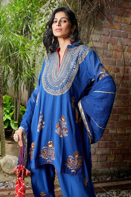 Buy Nazar By Indu Blue Cotton, Georgette Embroidery, Metallic Thread, Yoke Motif Kurta Salwar Set Online at Aza Fashions Buy_Nazar By Indu_Blue Cotton, Georgette Embroidery, Metallic Thread, Yoke Motif Kurta Salwar Set _Online_at_Aza_Fashions