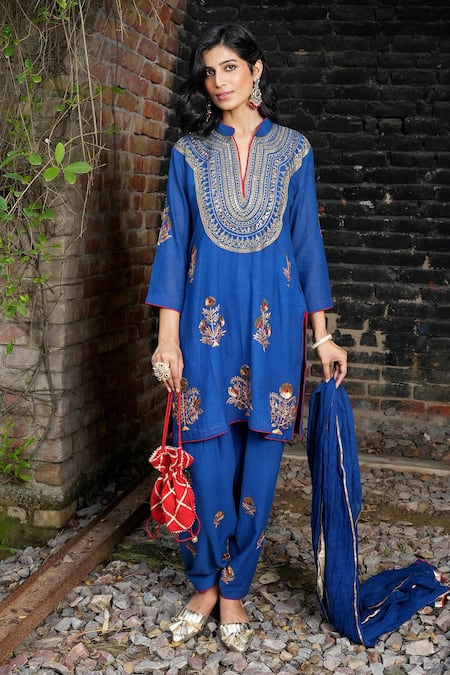 Shop Nazar By Indu Blue Cotton, Georgette Embroidery, Metallic Thread, Yoke Motif Kurta Salwar Set Online at Aza Fashions Shop_Nazar By Indu_Blue Cotton, Georgette Embroidery, Metallic Thread, Yoke Motif Kurta Salwar Set _Online_at_Aza_Fashions