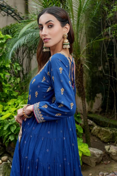 Buy Nazar By Indu Blue Cotton Embroidery, Metallic Thread, Zari Round Gold Motif Anarkali Set Online at Aza Fashions Buy_Nazar By Indu_Blue Cotton Embroidery, Metallic Thread, Zari Round Gold Motif Anarkali Set _Online_at_Aza_Fashions