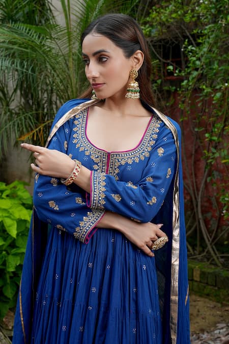 Shop Nazar By Indu Blue Cotton Embroidery, Metallic Thread, Zari Round Gold Motif Anarkali Set Online at Aza Fashions Shop_Nazar By Indu_Blue Cotton Embroidery, Metallic Thread, Zari Round Gold Motif Anarkali Set _Online_at_Aza_Fashions