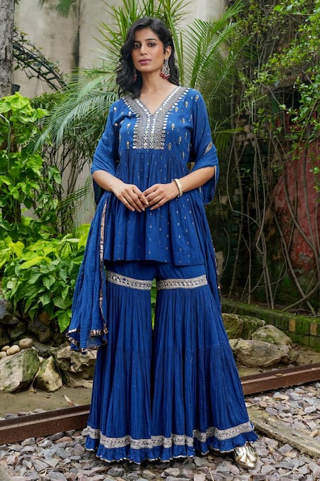 Buy Nazar By Indu Blue Cotton Mirrors, Embroidery, Gota Patti V-neck Work Kurta Sharara Set Online at Aza Fashions Buy_Nazar By Indu_Blue Cotton Mirrors, Embroidery, Gota Patti V-neck Work Kurta Sharara Set _Online_at_Aza_Fashions