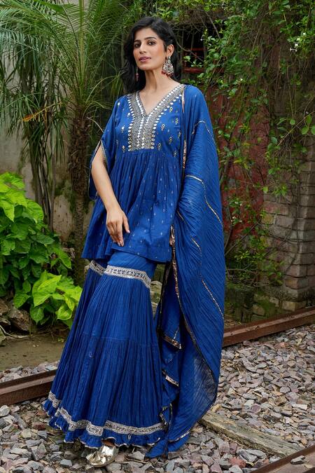 Shop Nazar By Indu Blue Cotton Mirrors, Embroidery, Gota Patti V-neck Work Kurta Sharara Set Online at Aza Fashions Shop_Nazar By Indu_Blue Cotton Mirrors, Embroidery, Gota Patti V-neck Work Kurta Sharara Set _Online_at_Aza_Fashions