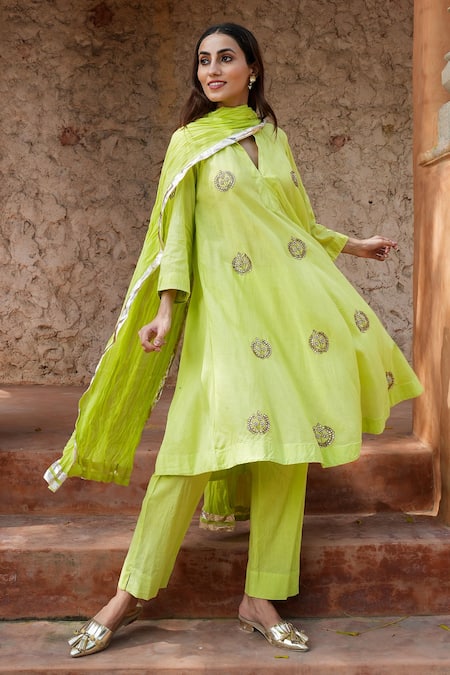 Nazar By Indu Lime Cotton Embroidery, Gota Patti Split V-neck Motif Kurta Set Online at Aza Fashions Nazar By Indu_Lime Cotton Embroidery, Gota Patti Split V-neck Motif Kurta Set _Online_at_Aza_Fashions