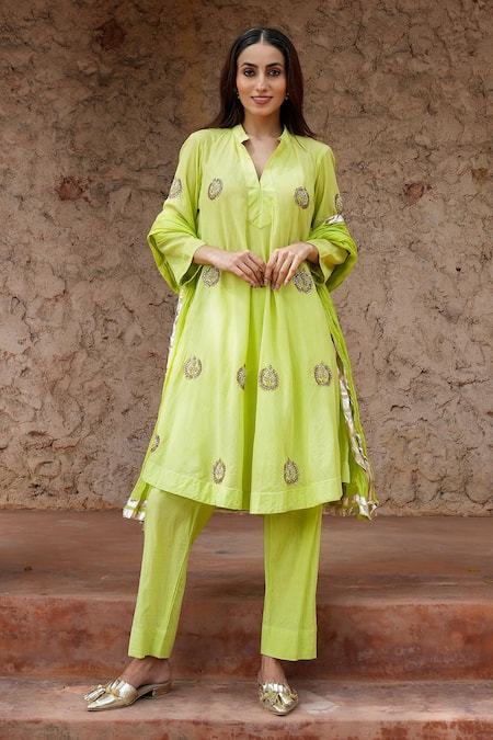 Shop Nazar By Indu Lime Cotton Embroidery, Gota Patti Split V-neck Motif Kurta Set Online at Aza Fashions Shop_Nazar By Indu_Lime Cotton Embroidery, Gota Patti Split V-neck Motif Kurta Set _Online_at_Aza_Fashions