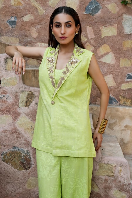 Nazar By Indu Lime Cotton Beads, Sequins, Embroidery V-neck Sleeveless Jacket And Palazzo Set Online at Aza Fashions Nazar By Indu_Lime Cotton Beads, Sequins, Embroidery V-neck Sleeveless Jacket And Palazzo Set _Online_at_Aza_Fashions